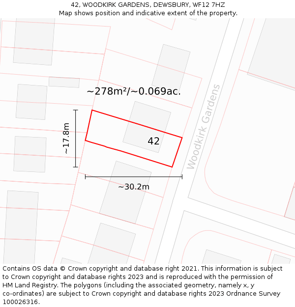42, WOODKIRK GARDENS, DEWSBURY, WF12 7HZ: Plot and title map
