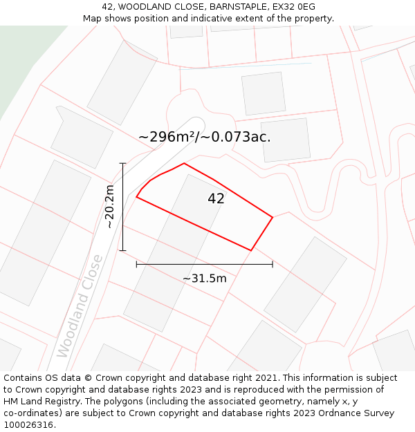 42, WOODLAND CLOSE, BARNSTAPLE, EX32 0EG: Plot and title map