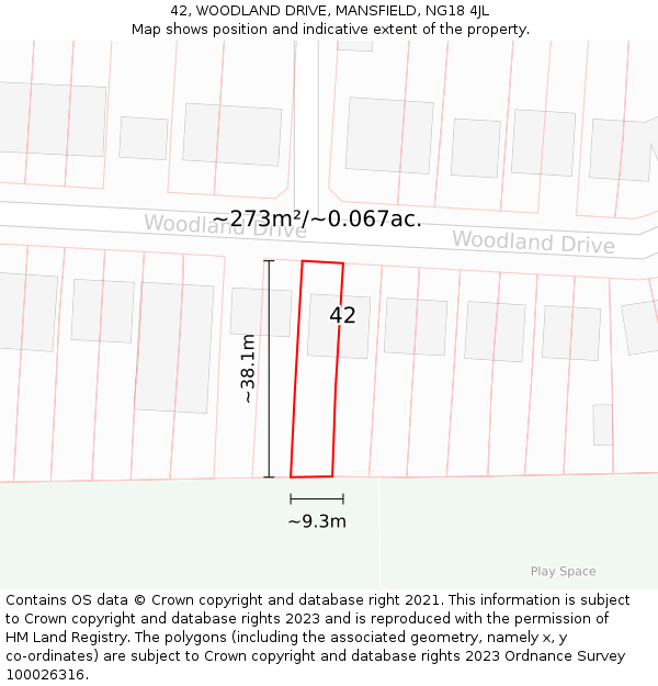 42, WOODLAND DRIVE, MANSFIELD, NG18 4JL: Plot and title map