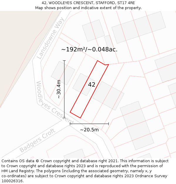 42, WOODLEYES CRESCENT, STAFFORD, ST17 4RE: Plot and title map