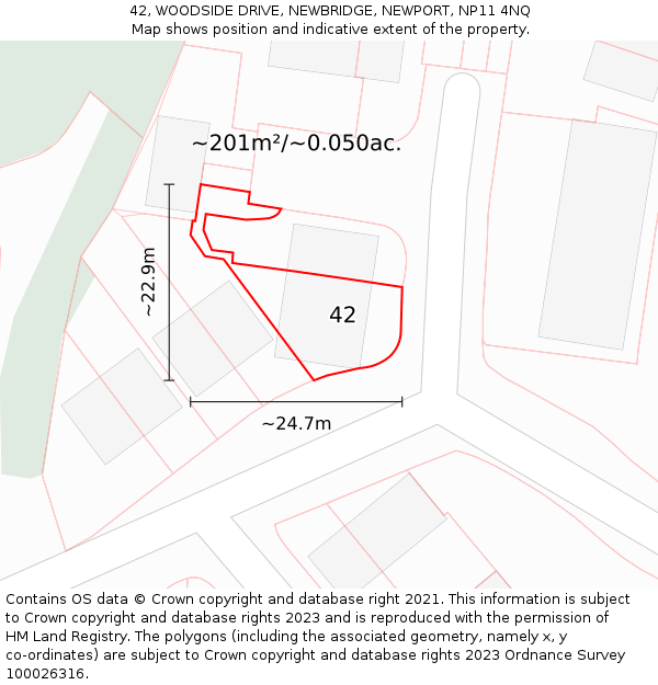 42, WOODSIDE DRIVE, NEWBRIDGE, NEWPORT, NP11 4NQ: Plot and title map