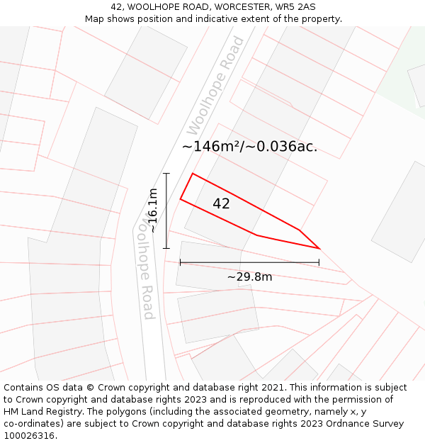 42, WOOLHOPE ROAD, WORCESTER, WR5 2AS: Plot and title map