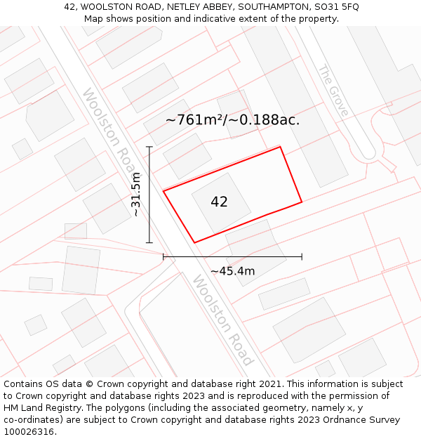 42, WOOLSTON ROAD, NETLEY ABBEY, SOUTHAMPTON, SO31 5FQ: Plot and title map