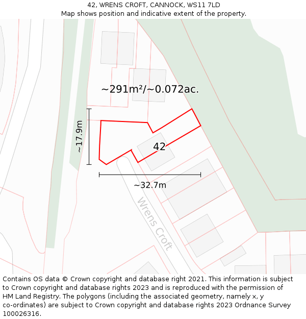 42, WRENS CROFT, CANNOCK, WS11 7LD: Plot and title map
