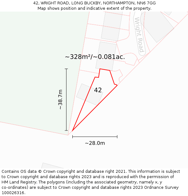 42, WRIGHT ROAD, LONG BUCKBY, NORTHAMPTON, NN6 7GG: Plot and title map