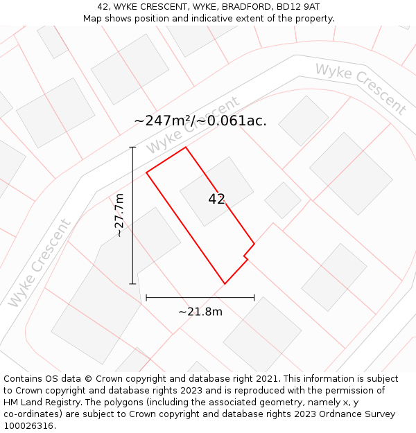 42, WYKE CRESCENT, WYKE, BRADFORD, BD12 9AT: Plot and title map