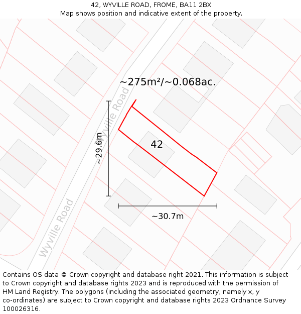 42, WYVILLE ROAD, FROME, BA11 2BX: Plot and title map