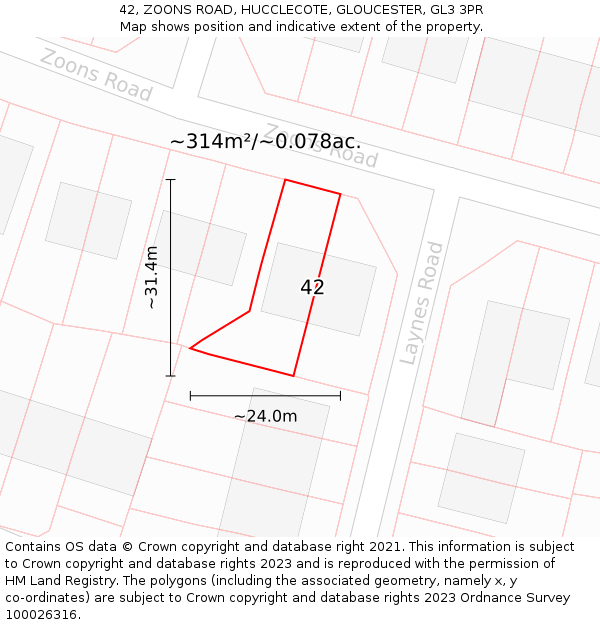 42, ZOONS ROAD, HUCCLECOTE, GLOUCESTER, GL3 3PR: Plot and title map