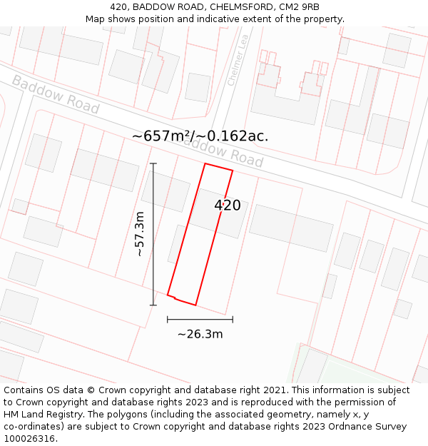 420, BADDOW ROAD, CHELMSFORD, CM2 9RB: Plot and title map
