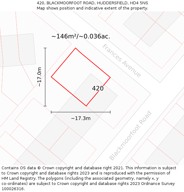 420, BLACKMOORFOOT ROAD, HUDDERSFIELD, HD4 5NS: Plot and title map