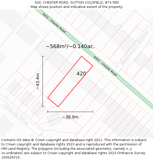 420, CHESTER ROAD, SUTTON COLDFIELD, B73 5BS: Plot and title map