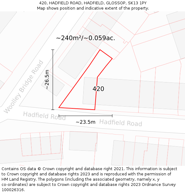420, HADFIELD ROAD, HADFIELD, GLOSSOP, SK13 1PY: Plot and title map