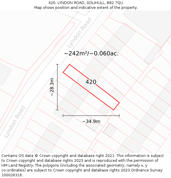 420, LYNDON ROAD, SOLIHULL, B92 7QU: Plot and title map