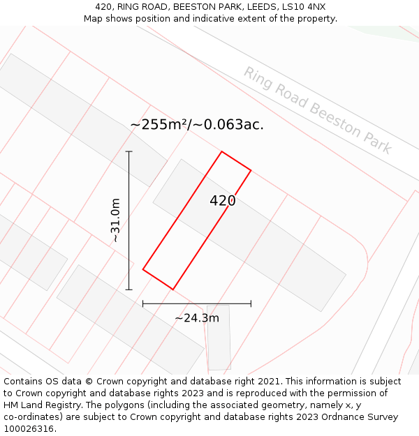 420, RING ROAD, BEESTON PARK, LEEDS, LS10 4NX: Plot and title map