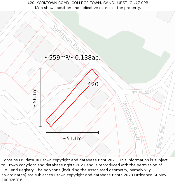 420, YORKTOWN ROAD, COLLEGE TOWN, SANDHURST, GU47 0PR: Plot and title map
