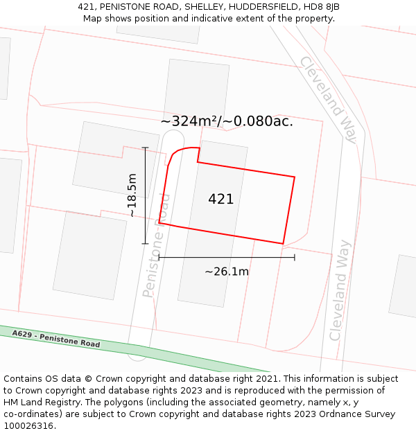 421, PENISTONE ROAD, SHELLEY, HUDDERSFIELD, HD8 8JB: Plot and title map