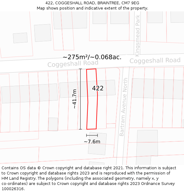 422, COGGESHALL ROAD, BRAINTREE, CM7 9EG: Plot and title map