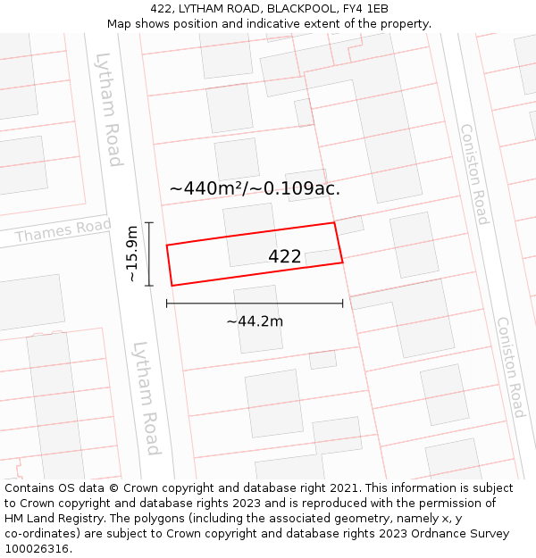 422, LYTHAM ROAD, BLACKPOOL, FY4 1EB: Plot and title map