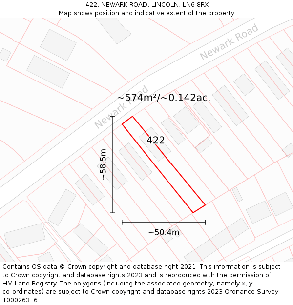 422, NEWARK ROAD, LINCOLN, LN6 8RX: Plot and title map