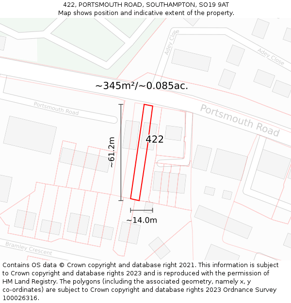 422, PORTSMOUTH ROAD, SOUTHAMPTON, SO19 9AT: Plot and title map