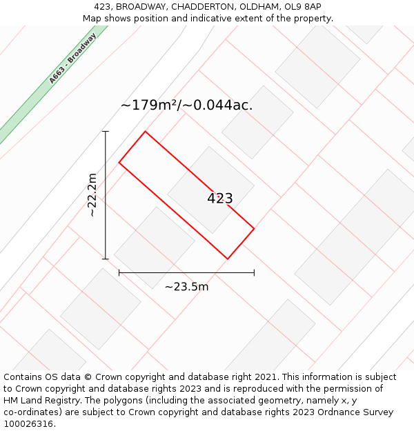 423, BROADWAY, CHADDERTON, OLDHAM, OL9 8AP: Plot and title map