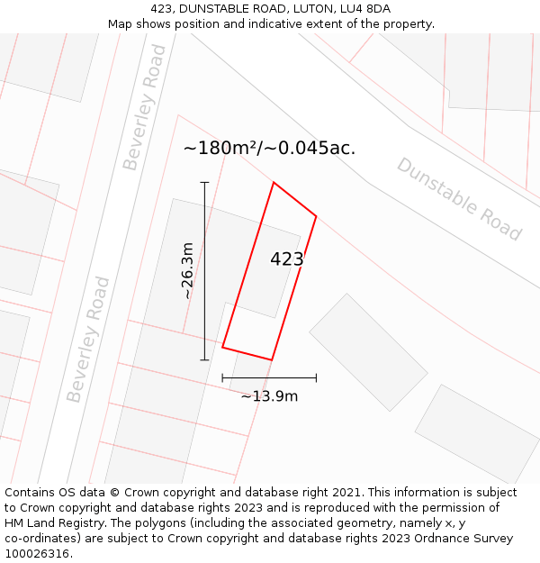 423, DUNSTABLE ROAD, LUTON, LU4 8DA: Plot and title map