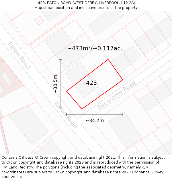 423, EATON ROAD, WEST DERBY, LIVERPOOL, L12 2AJ: Plot and title map