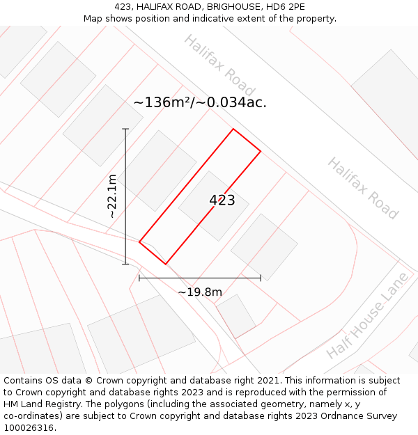 423, HALIFAX ROAD, BRIGHOUSE, HD6 2PE: Plot and title map