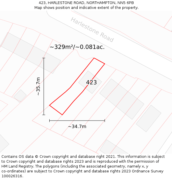 423, HARLESTONE ROAD, NORTHAMPTON, NN5 6PB: Plot and title map