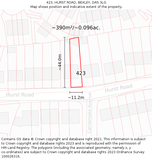 423, HURST ROAD, BEXLEY, DA5 3LG: Plot and title map