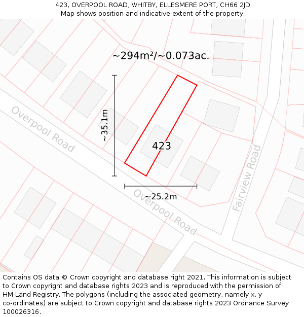 423, OVERPOOL ROAD, WHITBY, ELLESMERE PORT, CH66 2JD: Plot and title map