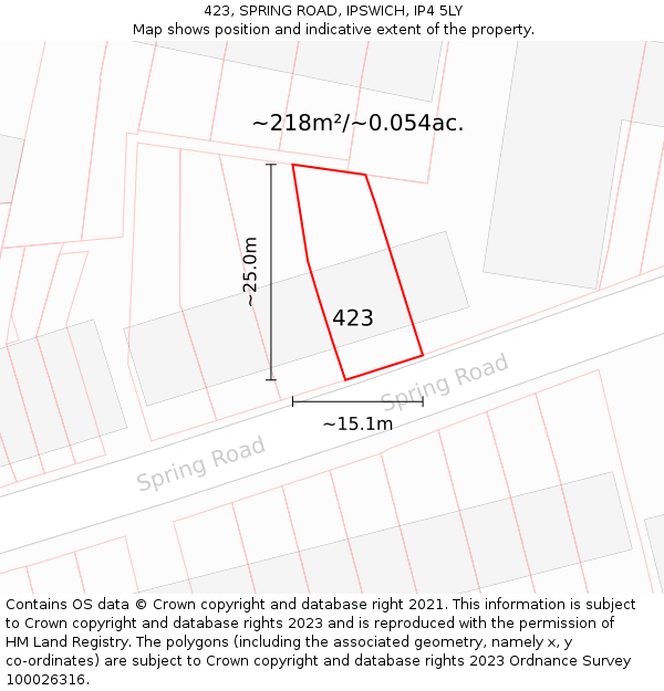 423, SPRING ROAD, IPSWICH, IP4 5LY: Plot and title map