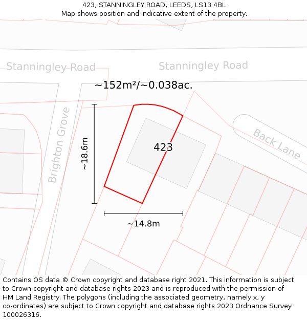 423, STANNINGLEY ROAD, LEEDS, LS13 4BL: Plot and title map