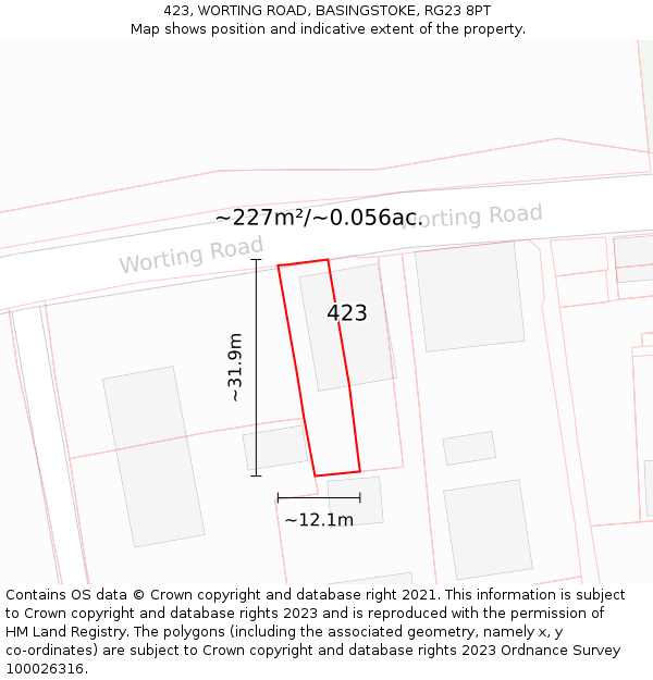 423, WORTING ROAD, BASINGSTOKE, RG23 8PT: Plot and title map
