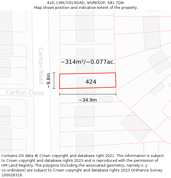424, CARLTON ROAD, WORKSOP, S81 7QW: Plot and title map