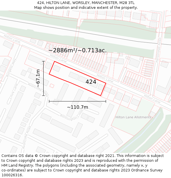 424, HILTON LANE, WORSLEY, MANCHESTER, M28 3TL: Plot and title map
