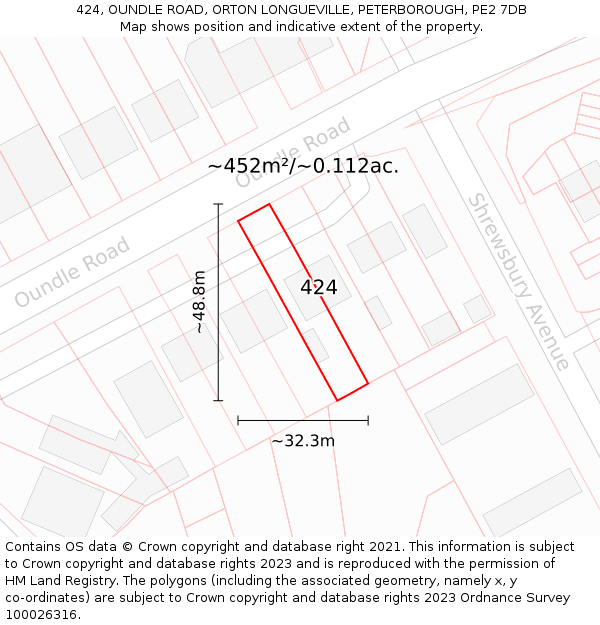 424, OUNDLE ROAD, ORTON LONGUEVILLE, PETERBOROUGH, PE2 7DB: Plot and title map