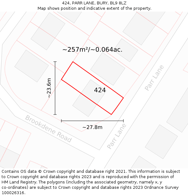 424, PARR LANE, BURY, BL9 8LZ: Plot and title map