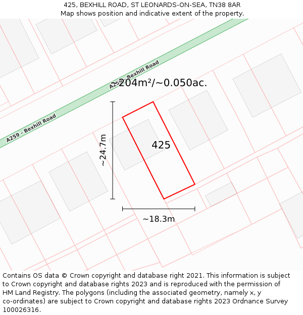425, BEXHILL ROAD, ST LEONARDS-ON-SEA, TN38 8AR: Plot and title map
