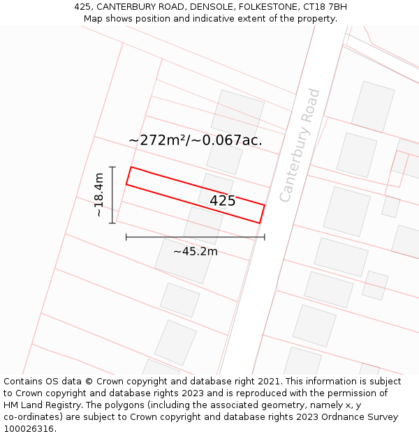 425, CANTERBURY ROAD, DENSOLE, FOLKESTONE, CT18 7BH: Plot and title map