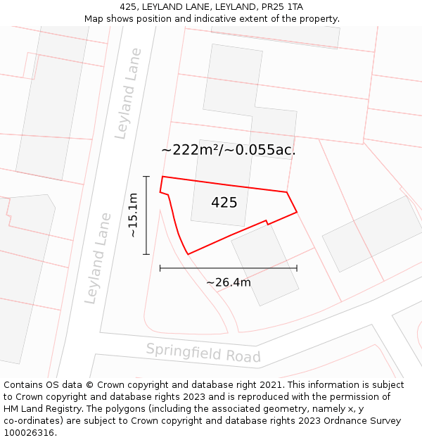 425, LEYLAND LANE, LEYLAND, PR25 1TA: Plot and title map