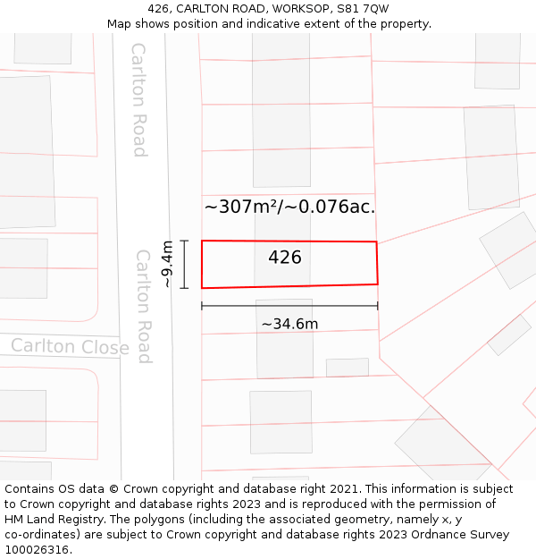 426, CARLTON ROAD, WORKSOP, S81 7QW: Plot and title map