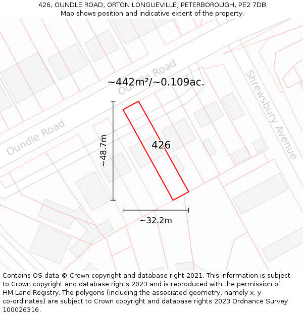 426, OUNDLE ROAD, ORTON LONGUEVILLE, PETERBOROUGH, PE2 7DB: Plot and title map