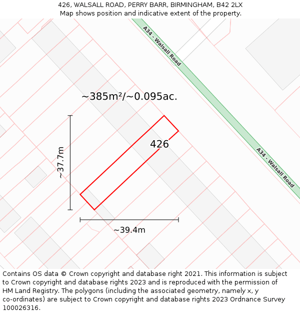 426, WALSALL ROAD, PERRY BARR, BIRMINGHAM, B42 2LX: Plot and title map