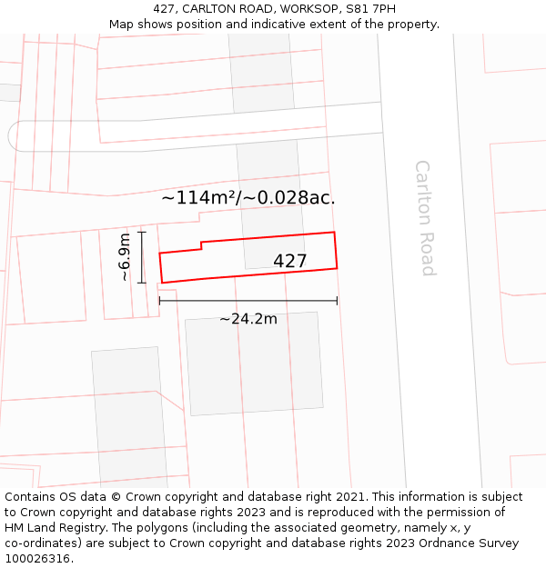 427, CARLTON ROAD, WORKSOP, S81 7PH: Plot and title map