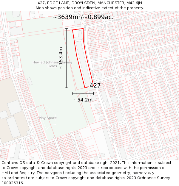 427, EDGE LANE, DROYLSDEN, MANCHESTER, M43 6JN: Plot and title map