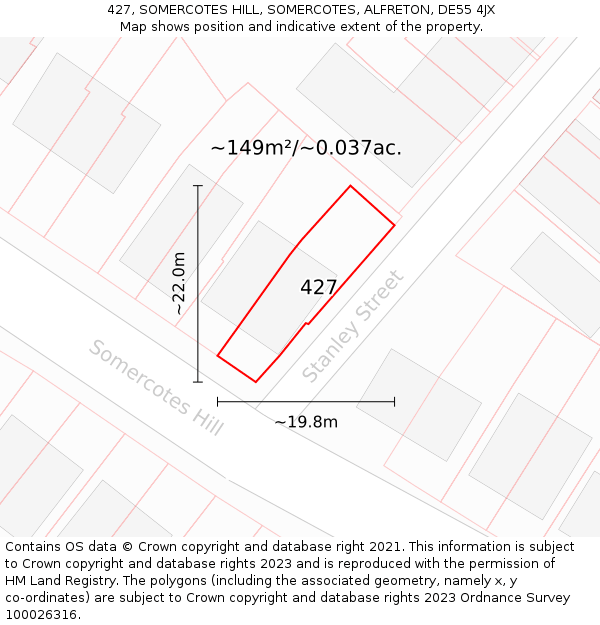 427, SOMERCOTES HILL, SOMERCOTES, ALFRETON, DE55 4JX: Plot and title map