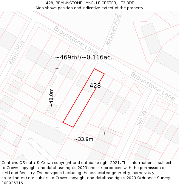 428, BRAUNSTONE LANE, LEICESTER, LE3 3DF: Plot and title map