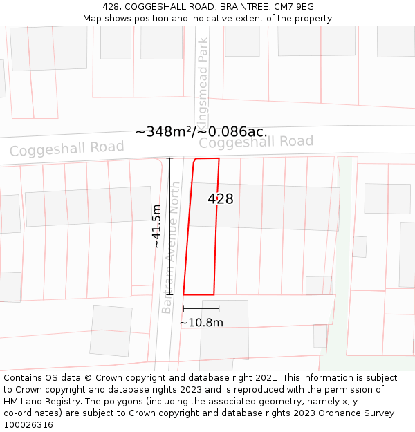 428, COGGESHALL ROAD, BRAINTREE, CM7 9EG: Plot and title map