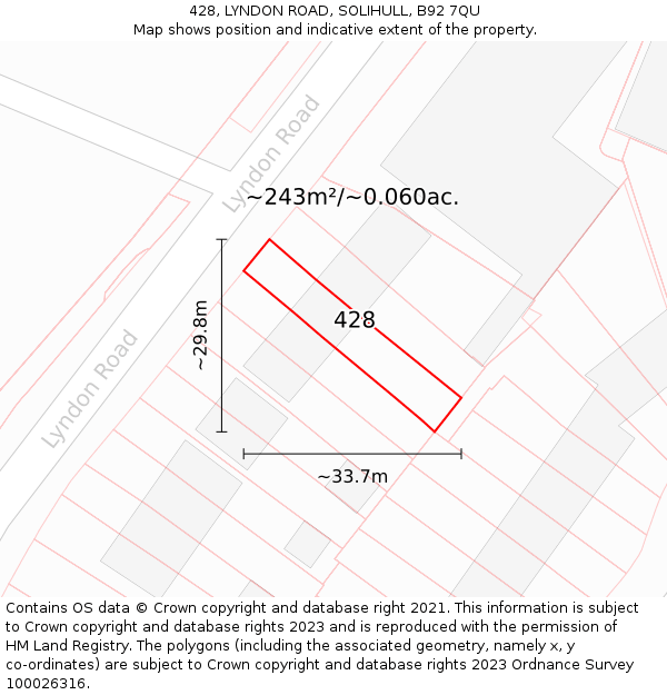 428, LYNDON ROAD, SOLIHULL, B92 7QU: Plot and title map